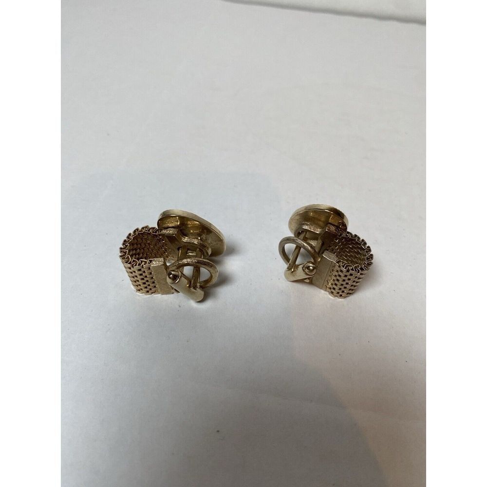 Vintage Gold Tone Mesh Link Cufflinks with Green Stone - Picture 2 of 2